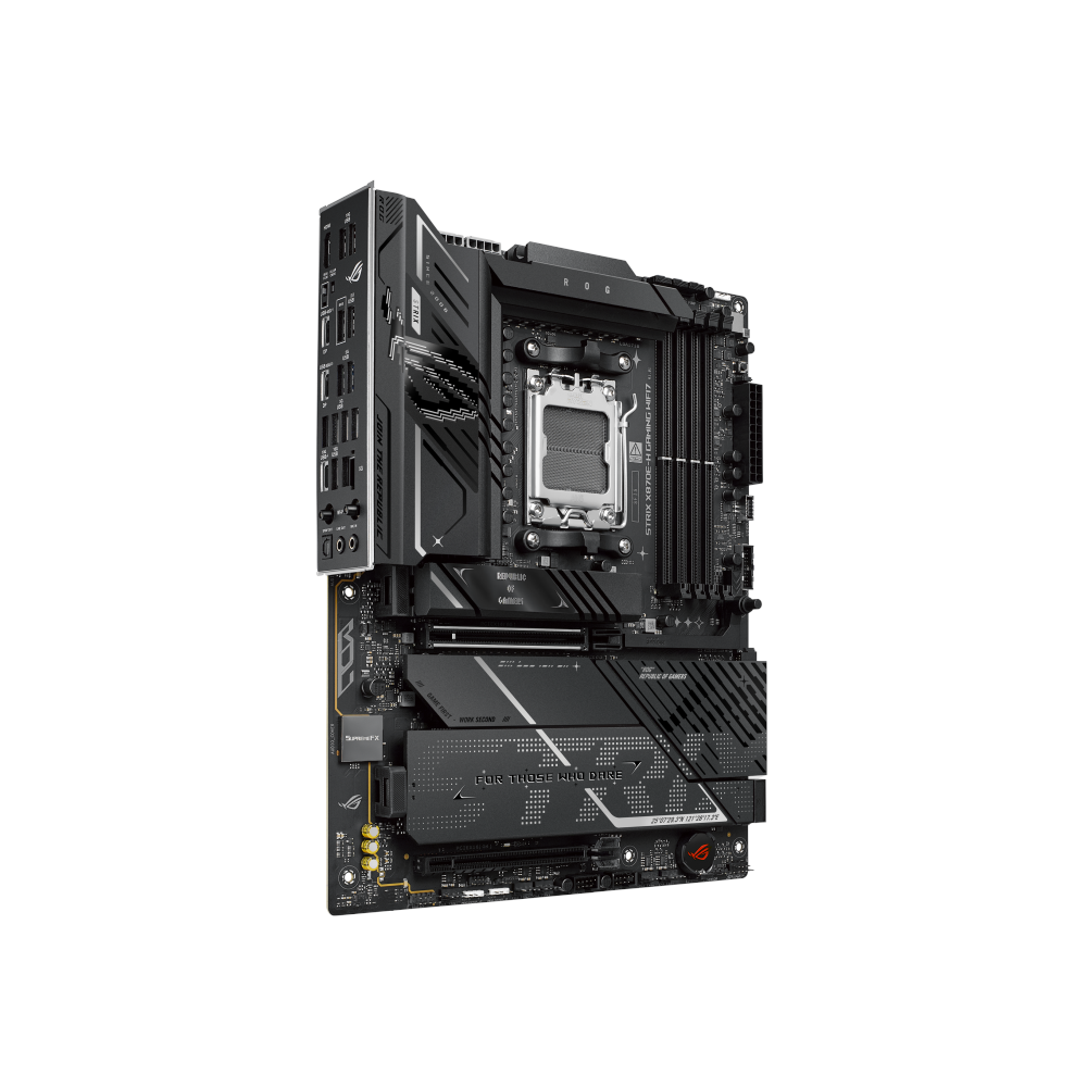 A large main feature product image of ASUS ROG Strix X870E-H Gaming WiFi7 AM5 ATX Desktop Motherboard