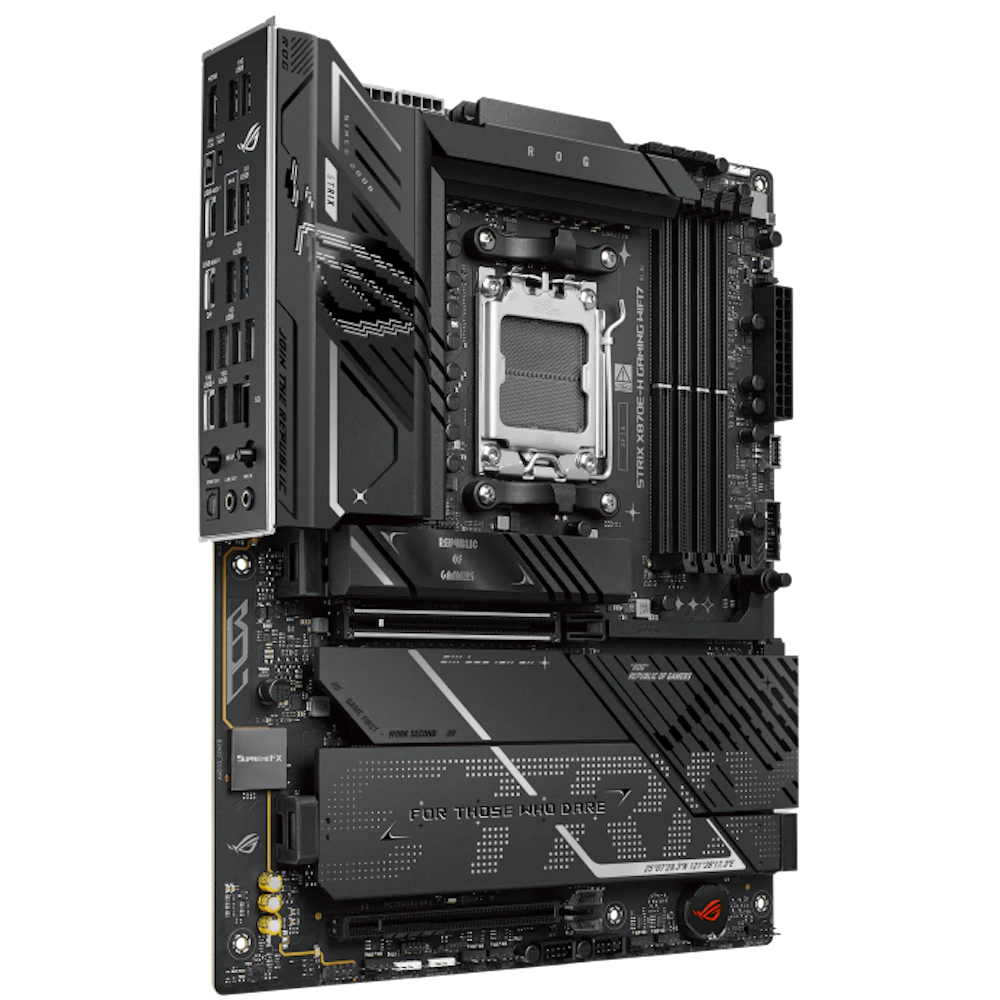 A large main feature product image of ASUS ROG Strix X870E-H Gaming WiFi7 AM5 ATX Desktop Motherboard