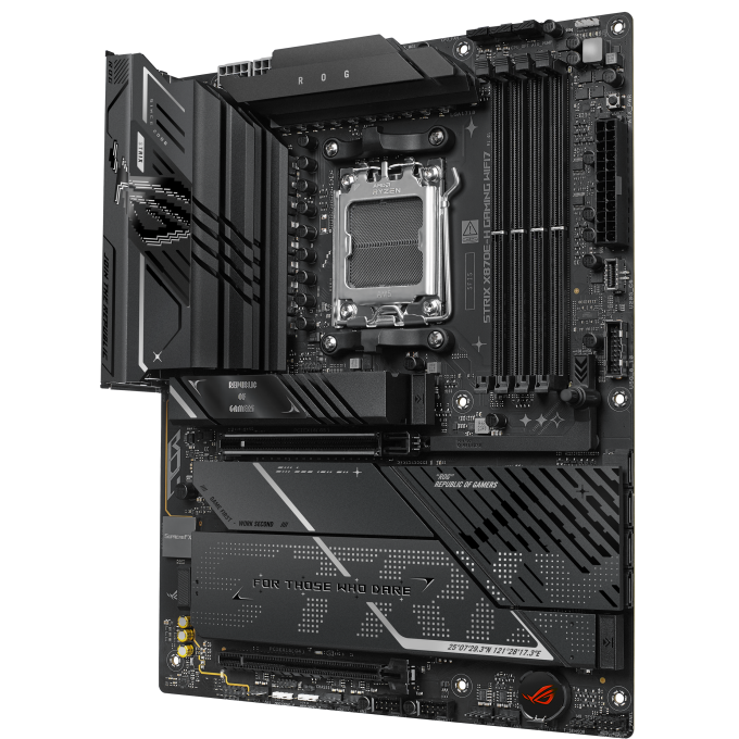 A large main feature product image of ASUS ROG Strix X870E-H Gaming WiFi7 AM5 ATX Desktop Motherboard