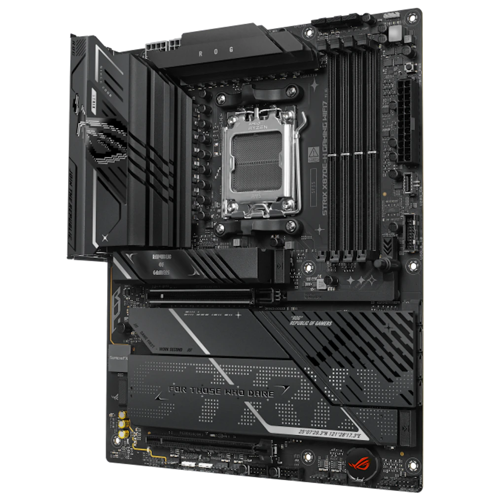 A large main feature product image of ASUS ROG Strix X870E-H Gaming WiFi7 AM5 ATX Desktop Motherboard
