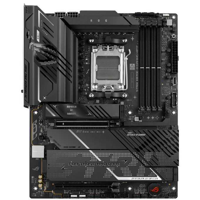 A large main feature product image of ASUS ROG Strix X870E-H Gaming WiFi7 AM5 ATX Desktop Motherboard