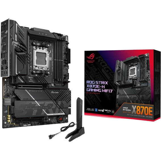 A large main feature product image of ASUS ROG Strix X870E-H Gaming WiFi7 AM5 ATX Desktop Motherboard