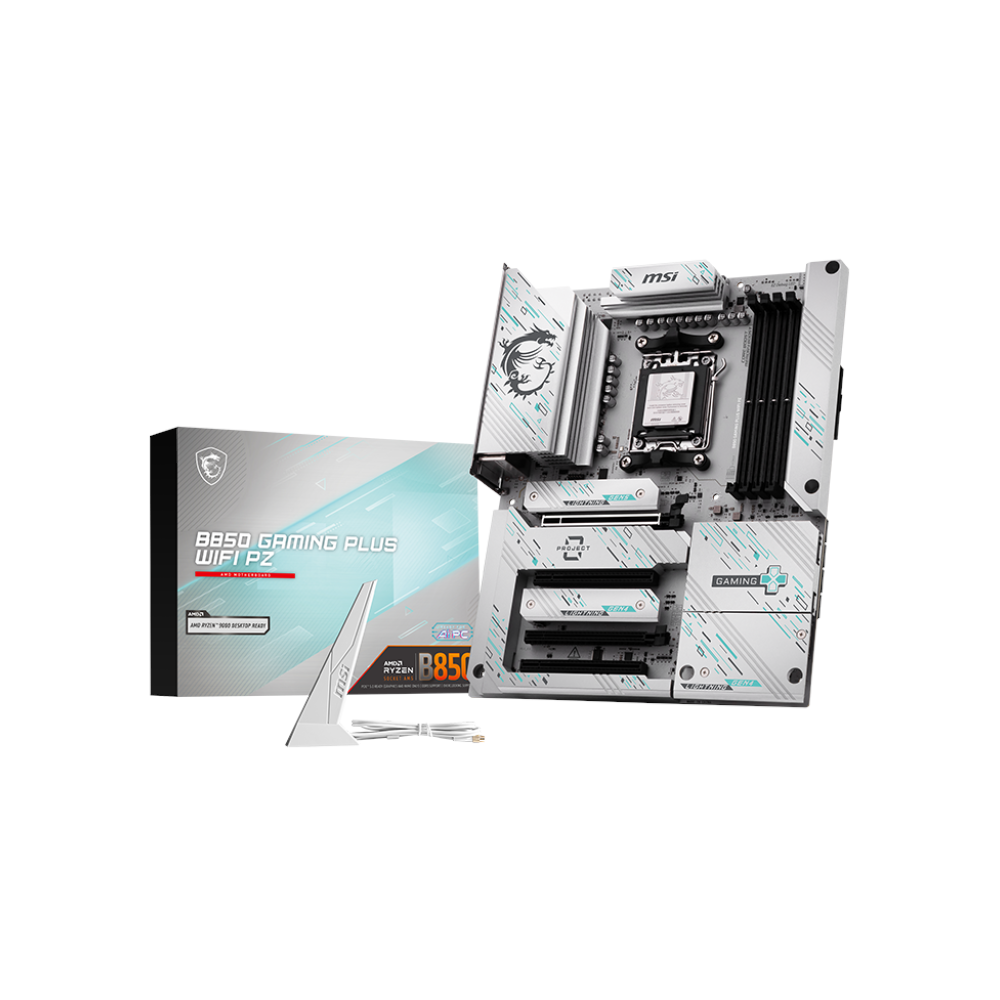 A large main feature product image of MSI B850 Gaming Plus WiFi PZ AM5 ATX Desktop Motherboard