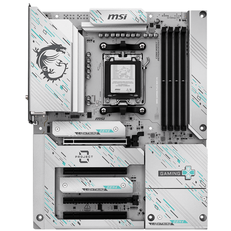 A large main feature product image of MSI B850 Gaming Plus WiFi PZ AM5 ATX Desktop Motherboard