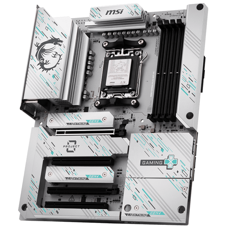 A large main feature product image of MSI B850 Gaming Plus WiFi PZ AM5 ATX Desktop Motherboard