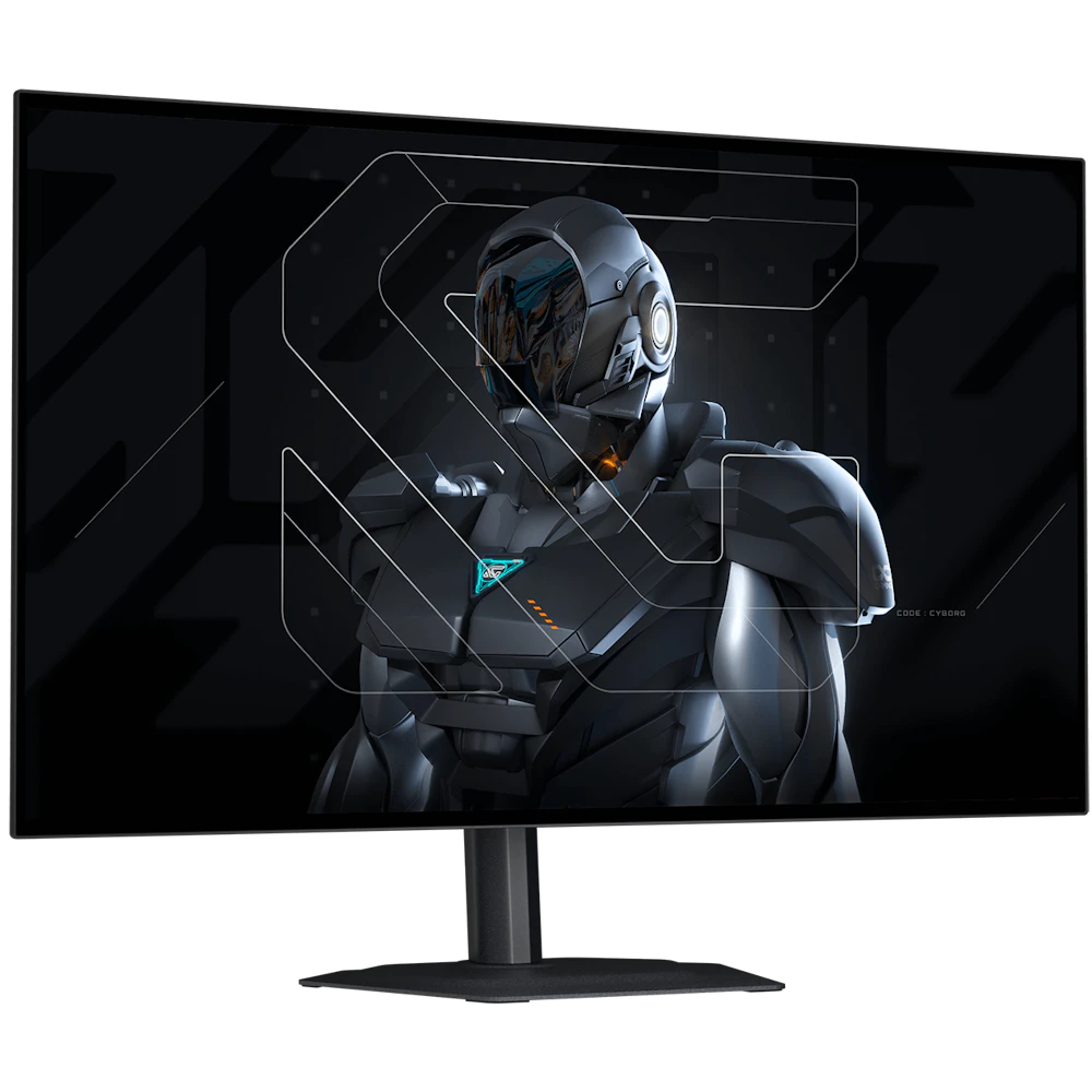 A large main feature product image of Gigabyte MO27Q28G OLED 27" 1440p 280Hz 0.03ms Gaming Monitor