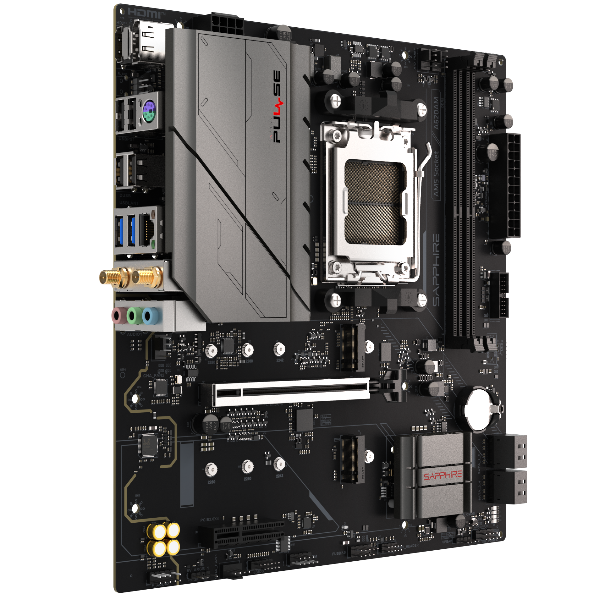 A large main feature product image of SAPPHIRE PULSE A620AM AM5 mATX Desktop Motherboard