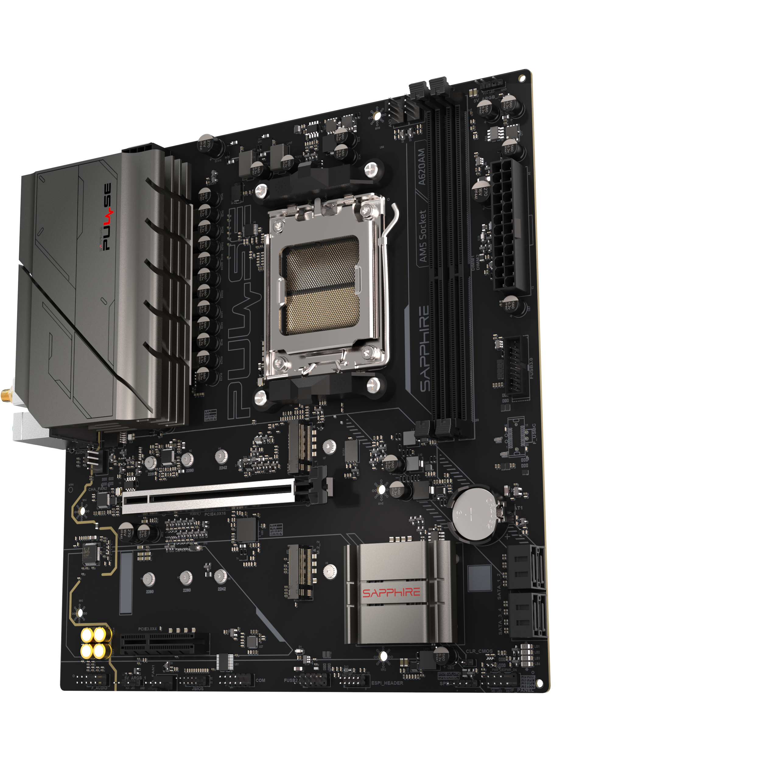 A large main feature product image of SAPPHIRE PULSE A620AM AM5 mATX Desktop Motherboard