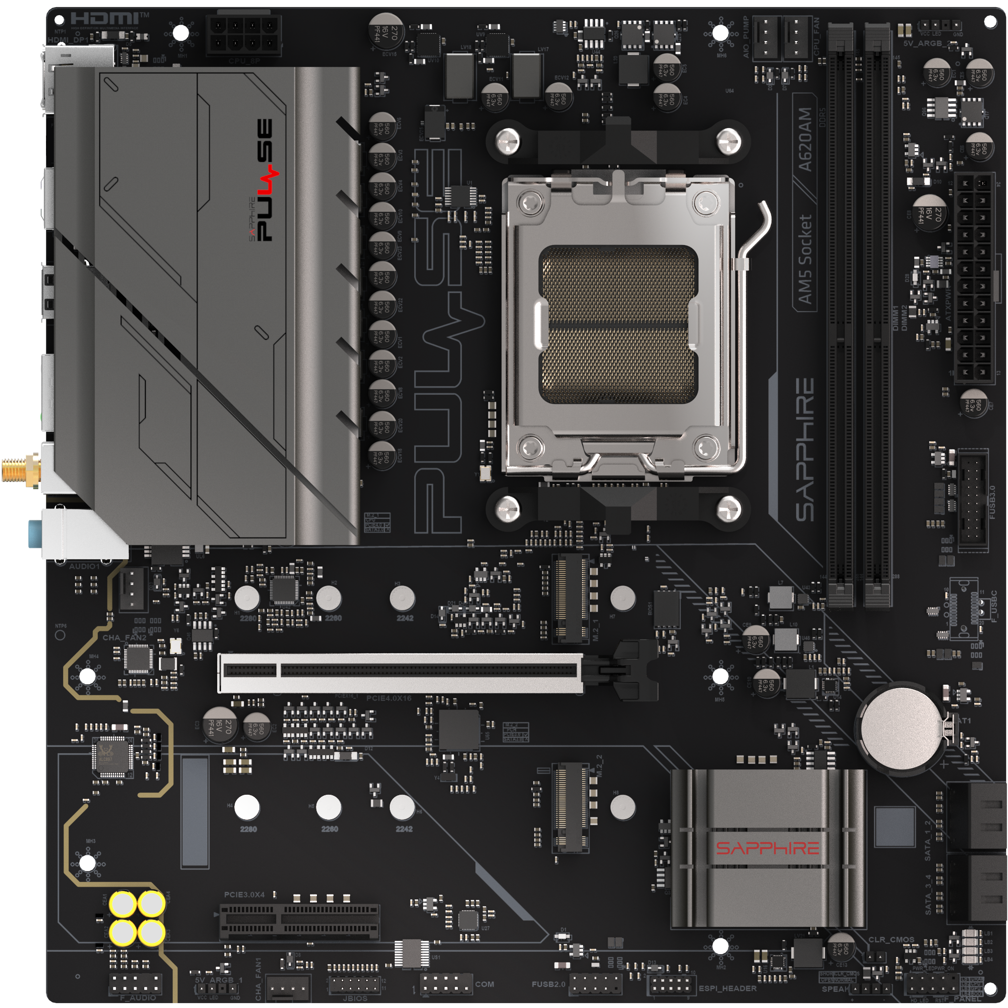 A large main feature product image of SAPPHIRE PULSE A620AM AM5 mATX Desktop Motherboard