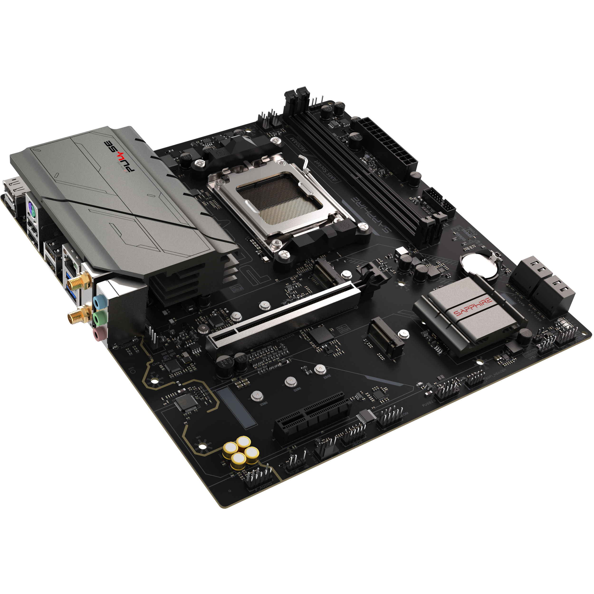 A large main feature product image of SAPPHIRE PULSE A620AM AM5 mATX Desktop Motherboard