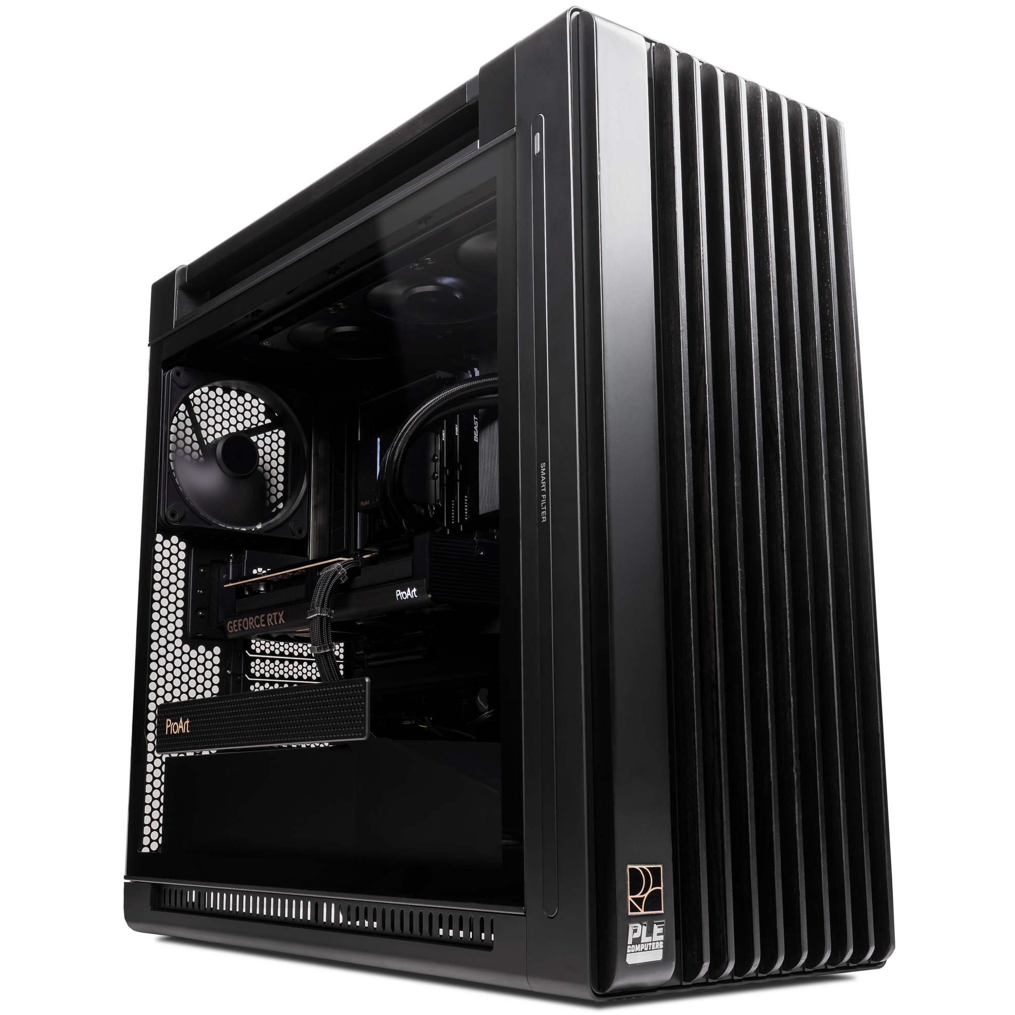 A large main feature product image of PLE ProArt RTX 5080 Prebuilt Ready To Go Creator PC