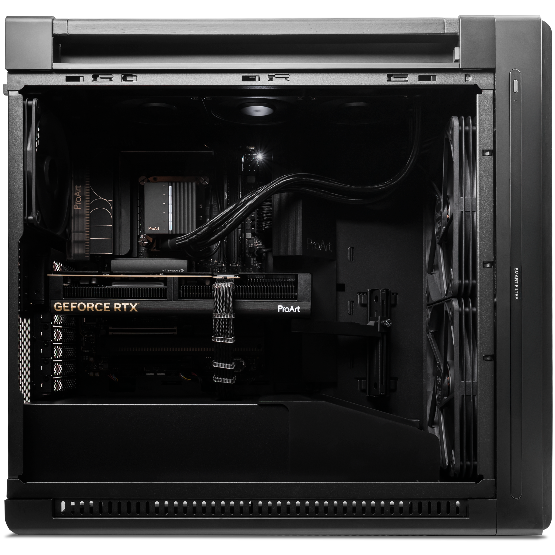 A large main feature product image of PLE ProArt RTX 5080 Prebuilt Ready To Go Creator PC