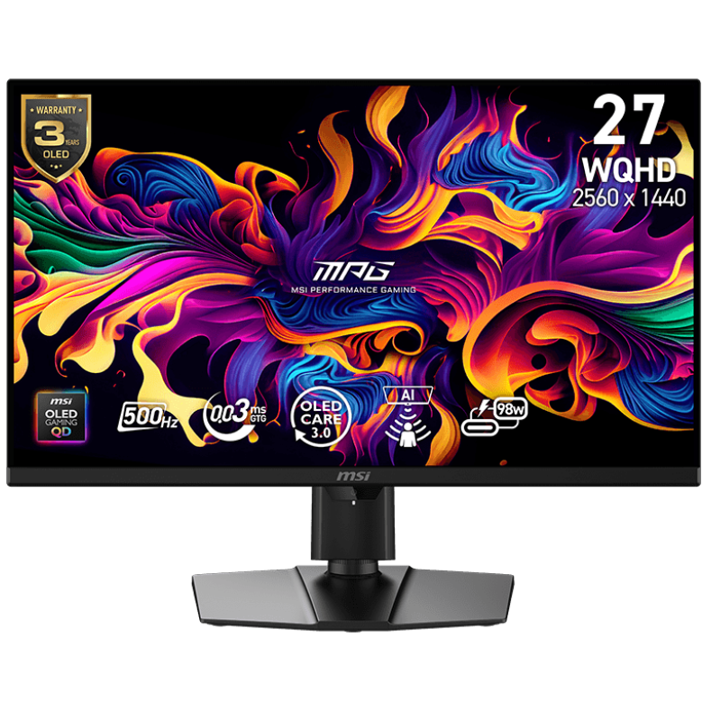 A large main feature product image of MSI MPG 271QR QD-OLED X50 - 27" 1440p 500Hz 0.03ms QD-OLED Gaming Monitor