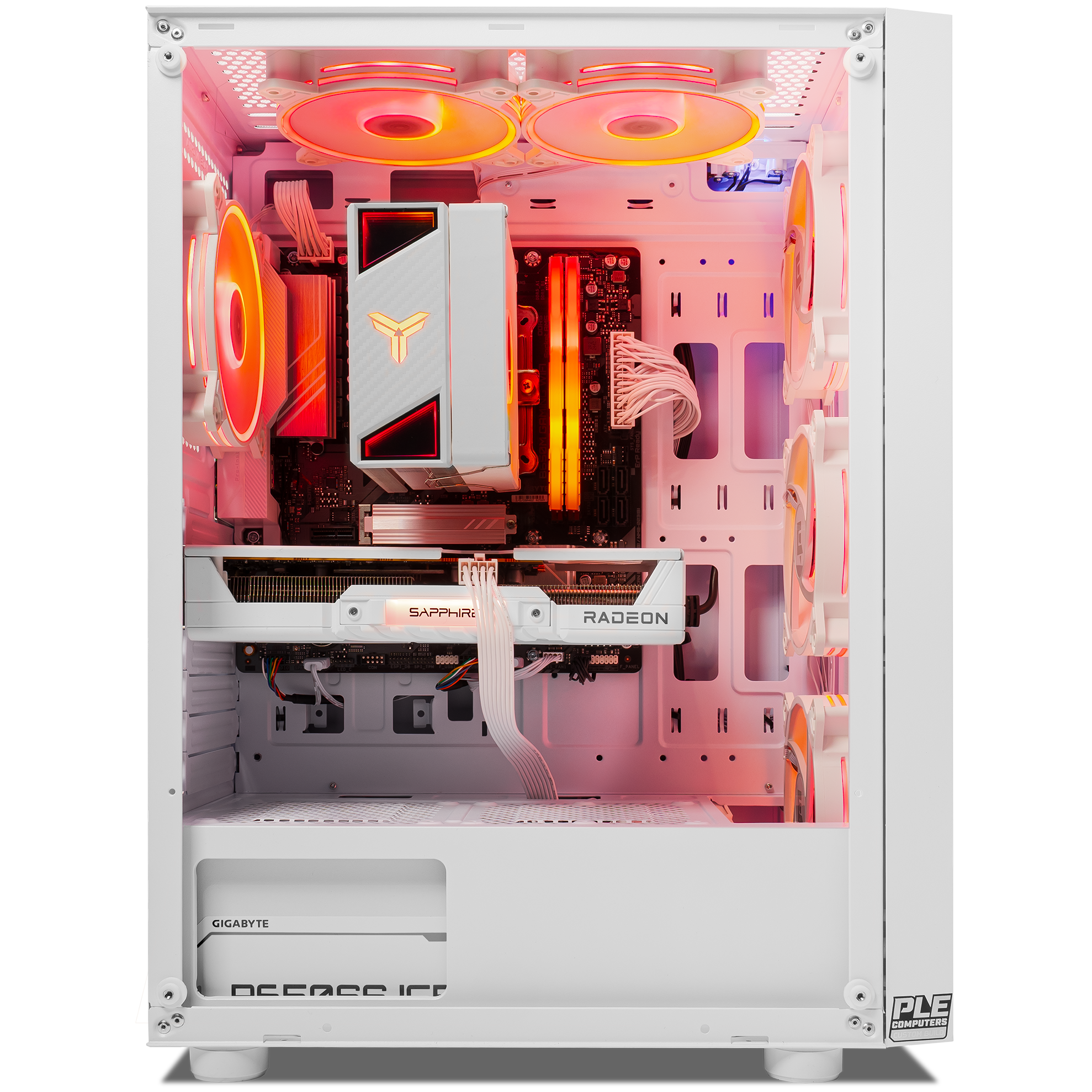 A large main feature product image of PLE Spark RX 9060 XT Prebuilt Ready To Go Gaming PC