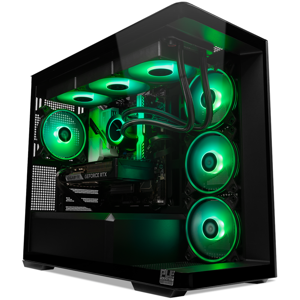 A large main feature product image of PLE Aurora RTX 5060 Ti Prebuilt Ready To Go Gaming PC