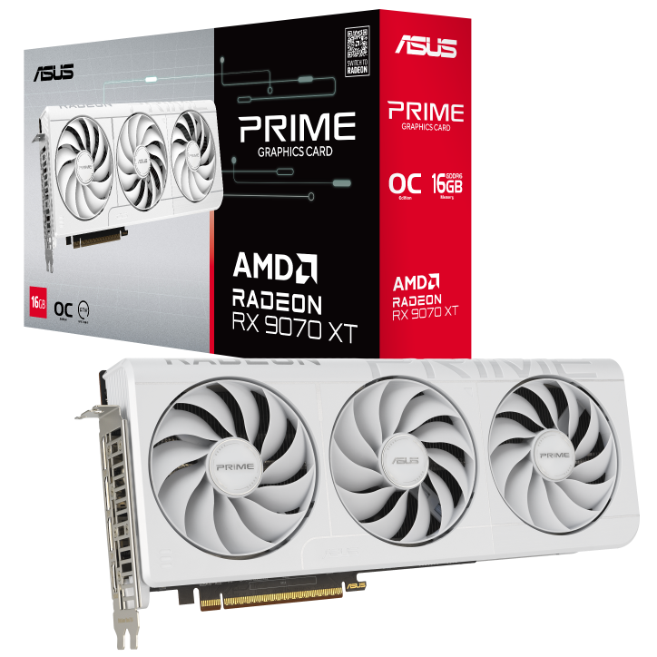 A large main feature product image of ASUS Radeon RX 9070 XT Prime OC 16GB GDDR6 - White