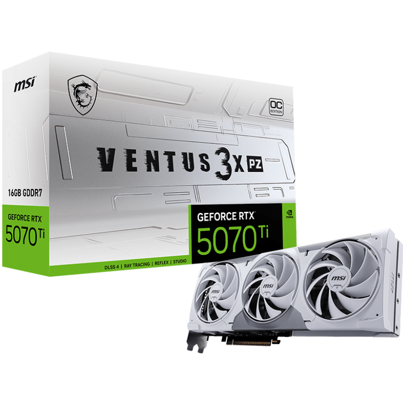 A large main feature product image of MSI GeForce RTX 5070 Ti Ventus 3X PZ OC 16GB GDDR7 - White