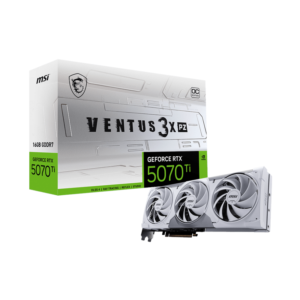 A large main feature product image of MSI GeForce RTX 5070 Ti Ventus 3X PZ OC 16GB GDDR7 - White