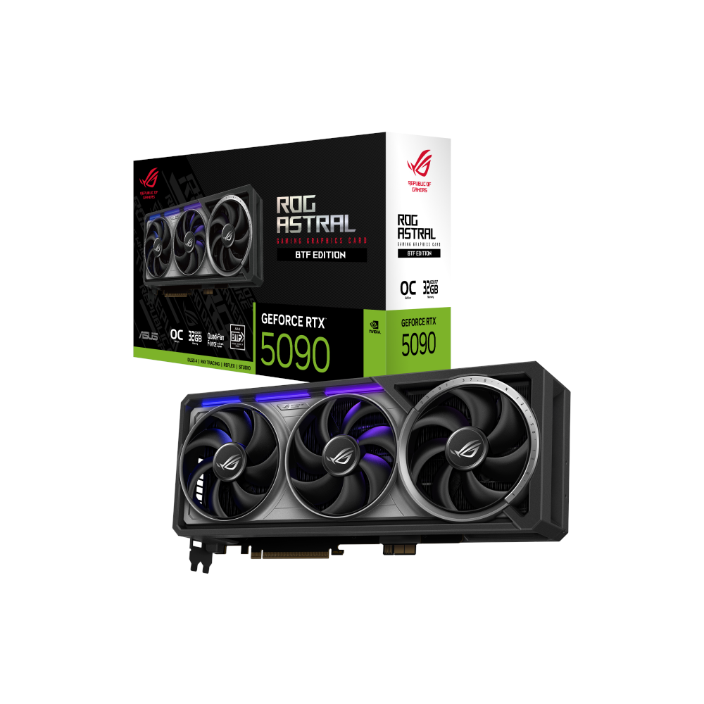 A large main feature product image of ASUS GeForce RTX 5090 ROG Astral BTF OC 32GBG GDDR7