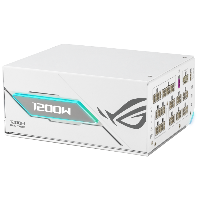 A large main feature product image of ASUS ROG THOR 1200W Platinum III PCIe 5.0 Modular PSU w/ Magnetic OLED Display - White