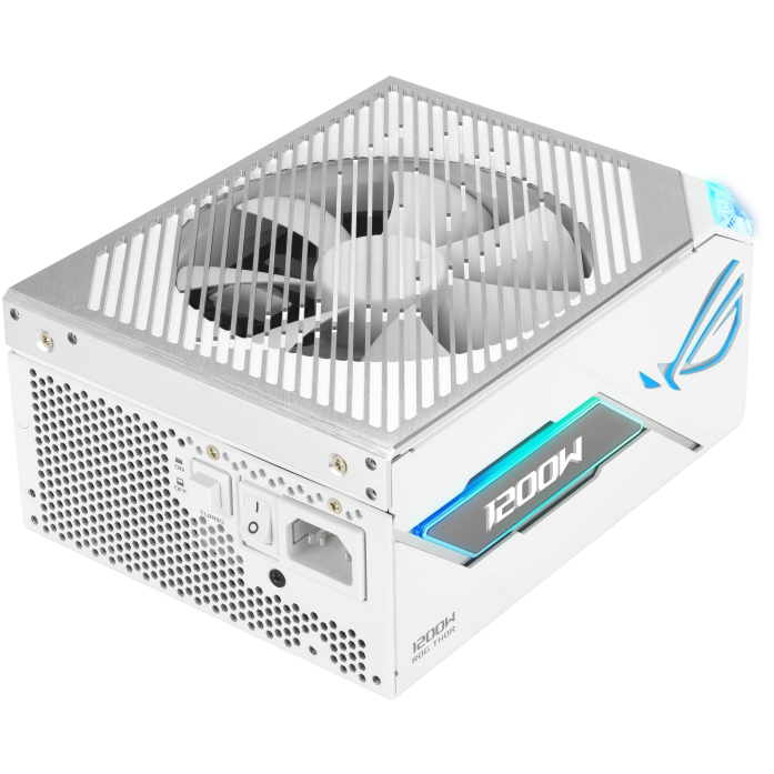 A large main feature product image of ASUS ROG THOR 1200W Platinum III PCIe 5.0 Modular PSU w/ Magnetic OLED Display - White