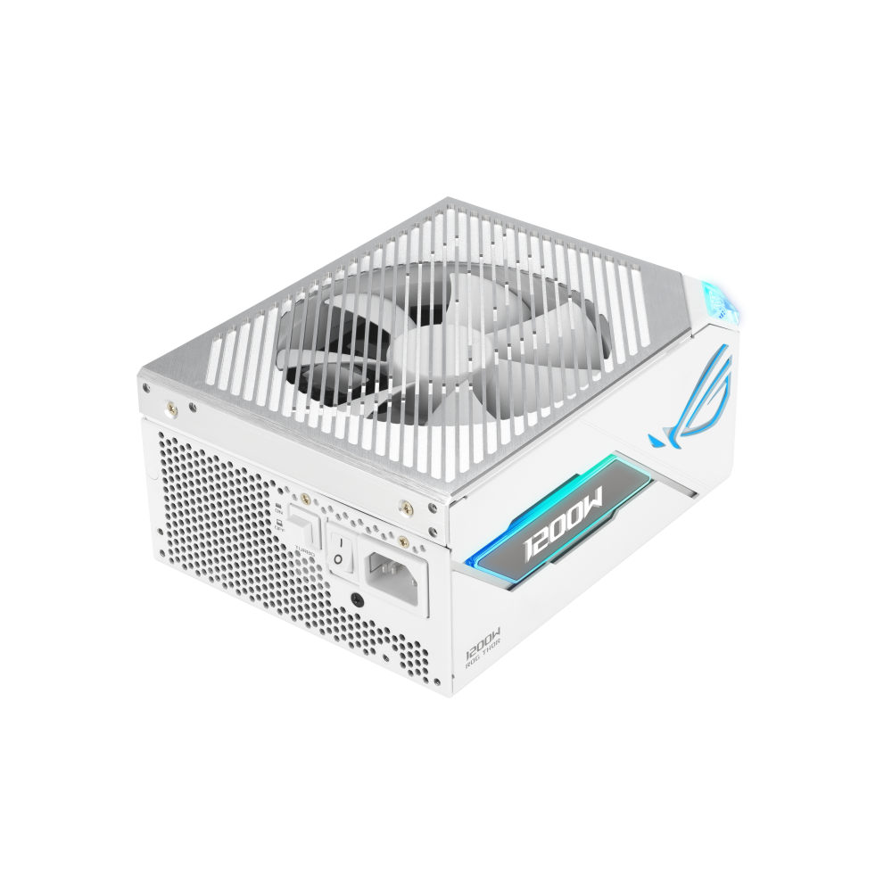A large main feature product image of ASUS ROG THOR 1200W Platinum III PCIe 5.0 Modular PSU w/ Magnetic OLED Display - White