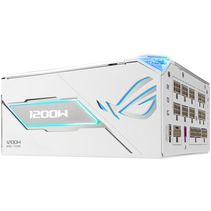 A large main feature product image of ASUS ROG THOR 1200W Platinum III PCIe 5.0 Modular PSU w/ Magnetic OLED Display - White