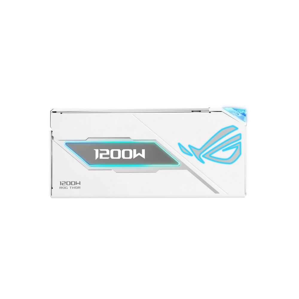 A large main feature product image of ASUS ROG THOR 1200W Platinum III PCIe 5.0 Modular PSU w/ Magnetic OLED Display - White