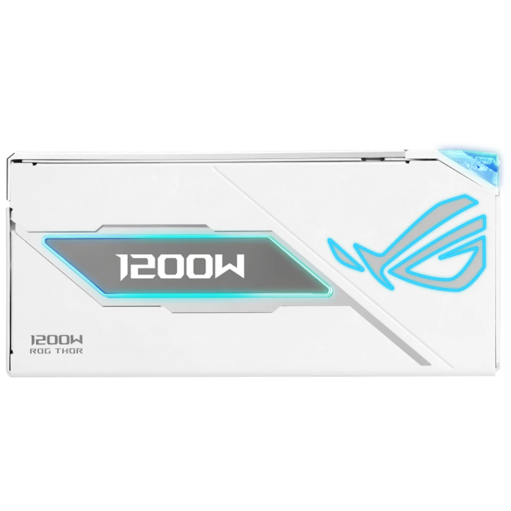 A large main feature product image of ASUS ROG THOR 1200W Platinum III PCIe 5.0 Modular PSU w/ Magnetic OLED Display - White