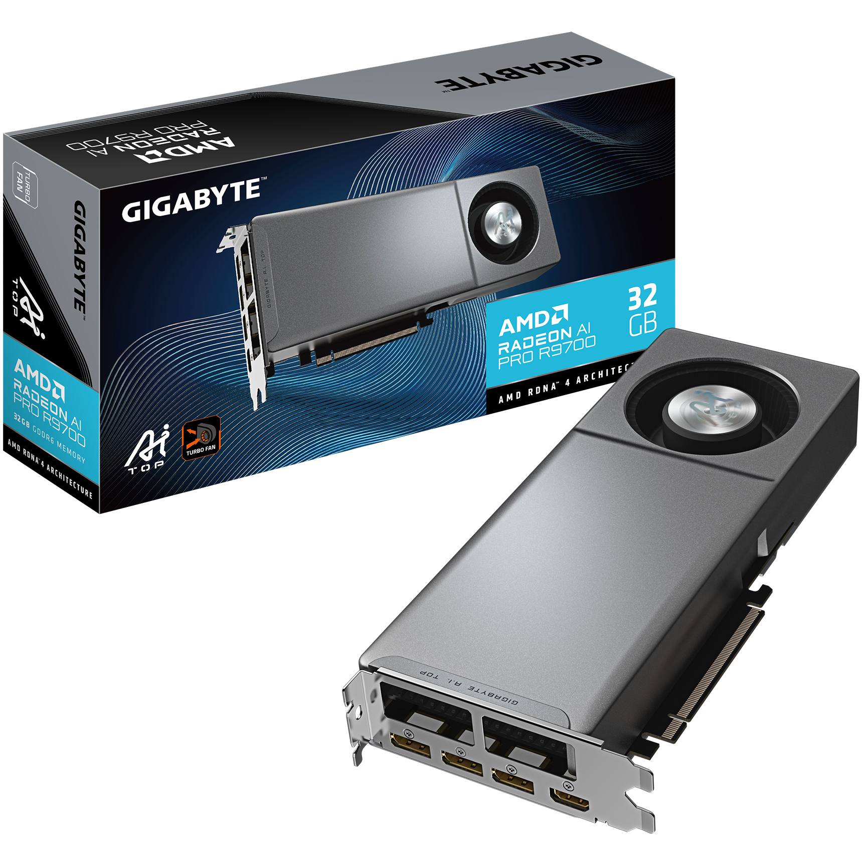 A large main feature product image of Gigabyte Radeon R9700 Ai Top 32GB GDDR6