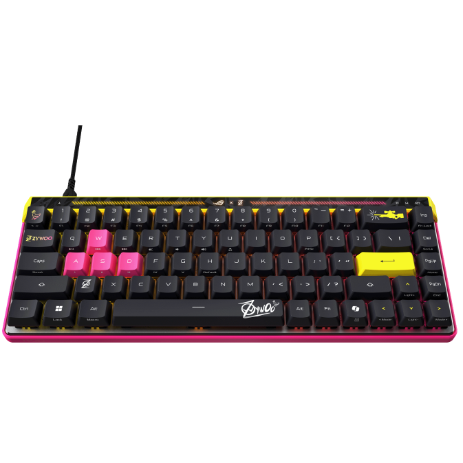 A large main feature product image of ASUS ROG Falchion Ace HFX 65% Analogue Gaming Keyboard - Zywoo Edition