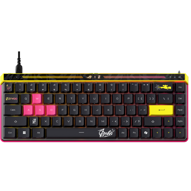 A large main feature product image of ASUS ROG Falchion Ace HFX 65% Analogue Gaming Keyboard - Zywoo Edition