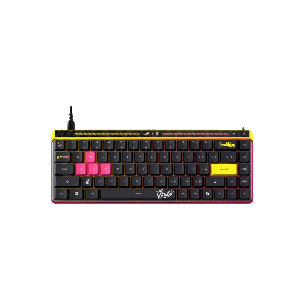 A large main feature product image of ASUS ROG Falchion Ace HFX 65% Analogue Gaming Keyboard - Zywoo Edition