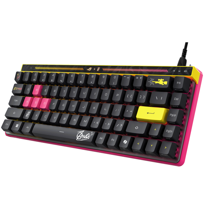 A large main feature product image of ASUS ROG Falchion Ace HFX 65% Analogue Gaming Keyboard - Zywoo Edition