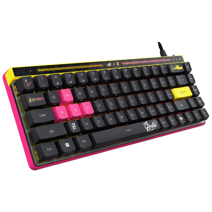A large main feature product image of ASUS ROG Falchion Ace HFX 65% Analogue Gaming Keyboard - Zywoo Edition
