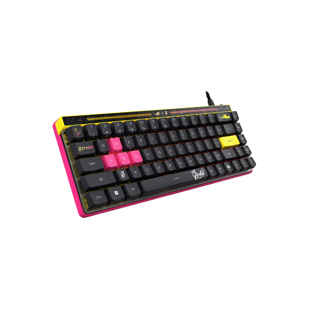 A large main feature product image of ASUS ROG Falchion Ace HFX 65% Analogue Gaming Keyboard - Zywoo Edition