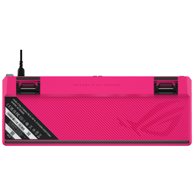 A large main feature product image of ASUS ROG Falchion Ace HFX 65% Analogue Gaming Keyboard - Zywoo Edition