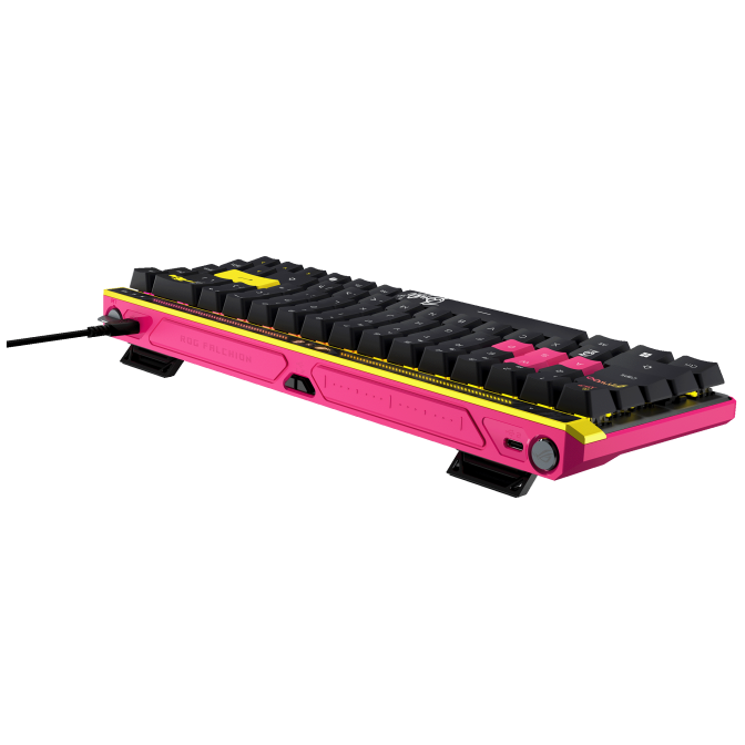 A large main feature product image of ASUS ROG Falchion Ace HFX 65% Analogue Gaming Keyboard - Zywoo Edition