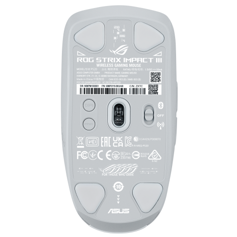 A large main feature product image of ASUS ROG Impact III Wireless Gaming Mouse - White