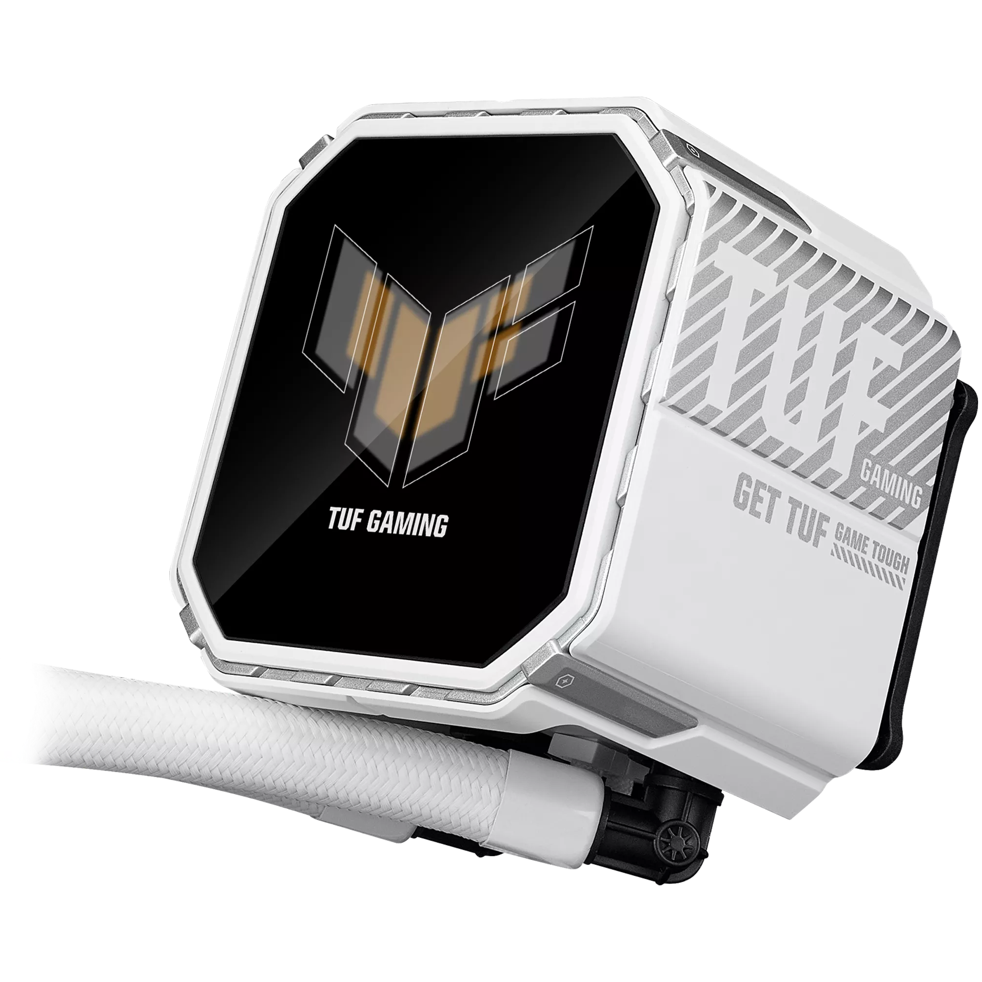 A large main feature product image of ASUS TUF GAMING LC III 360 LCD ARGB 360mm AIO Liquid CPU Cooler - White