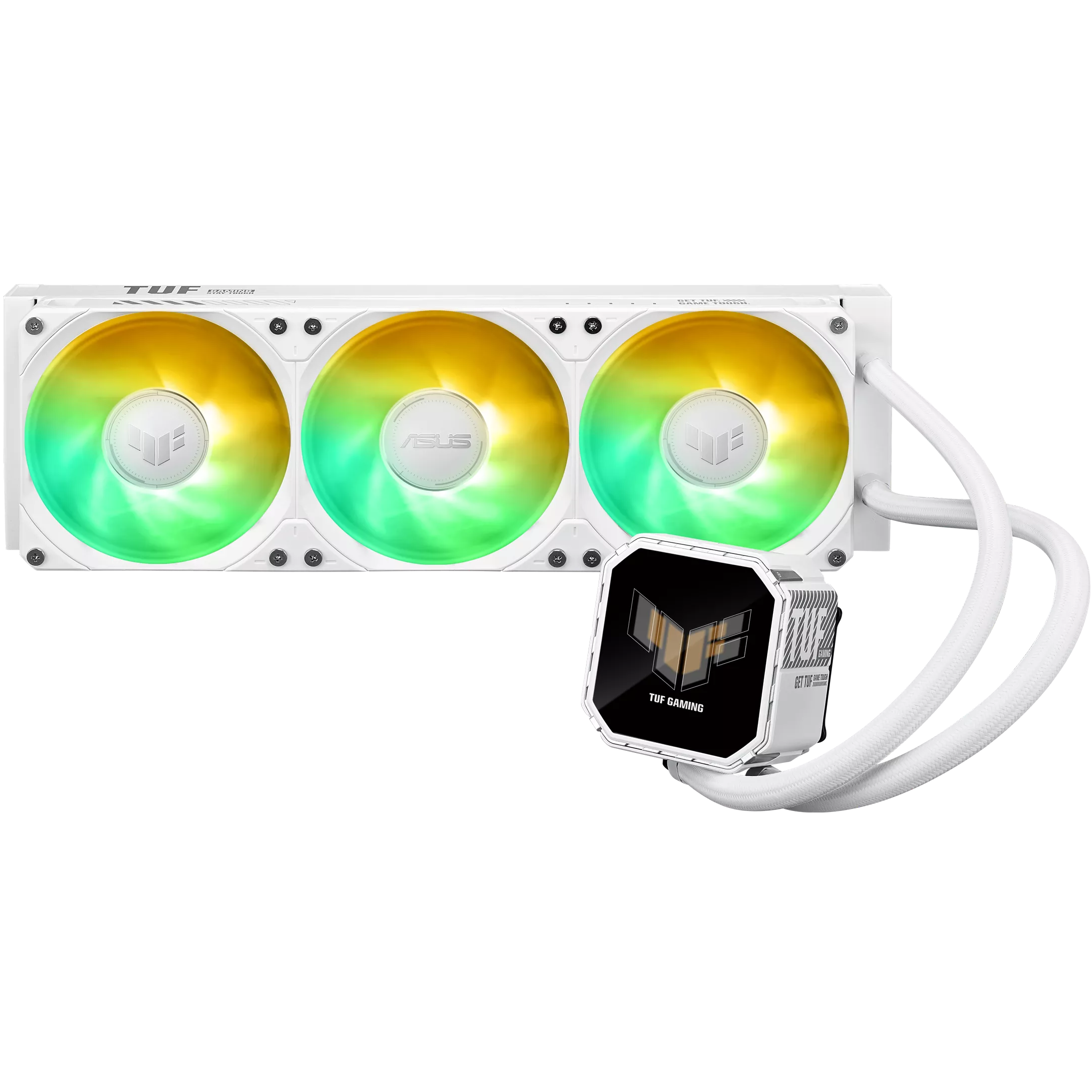 A large main feature product image of ASUS TUF GAMING LC III 360 LCD ARGB 360mm AIO Liquid CPU Cooler - White