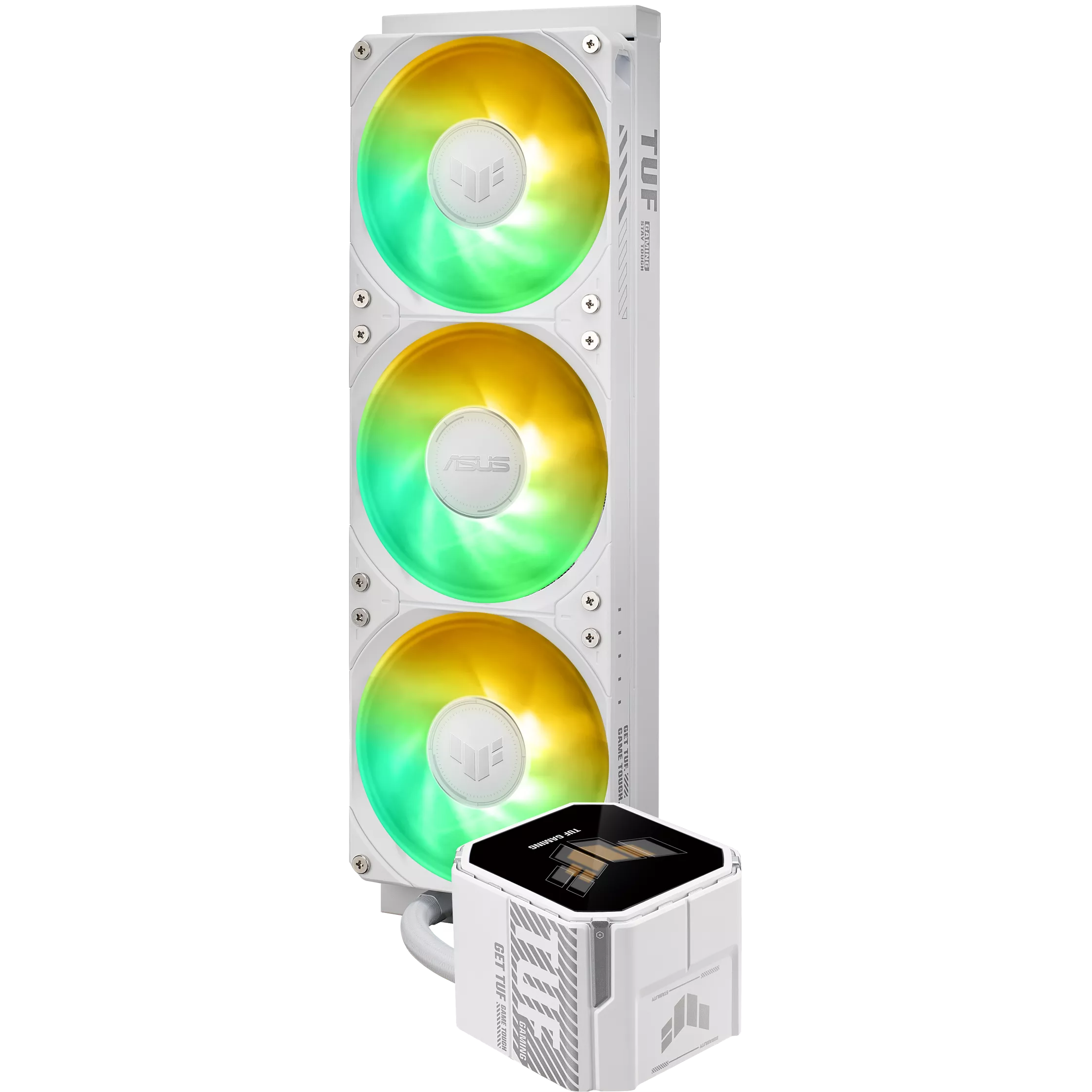 A large main feature product image of ASUS TUF GAMING LC III 360 LCD ARGB 360mm AIO Liquid CPU Cooler - White