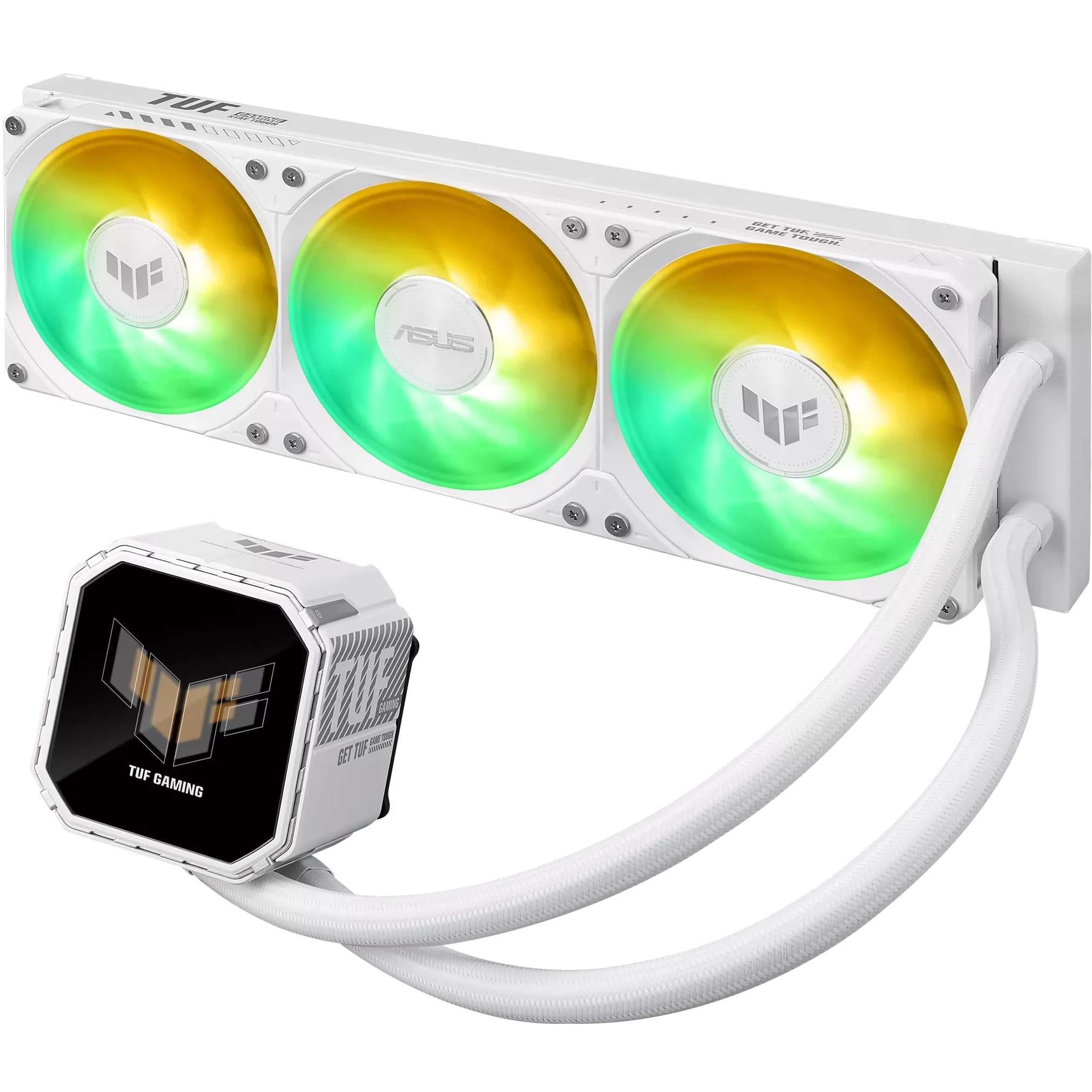 A large main feature product image of ASUS TUF GAMING LC III 360 LCD ARGB 360mm AIO Liquid CPU Cooler - White