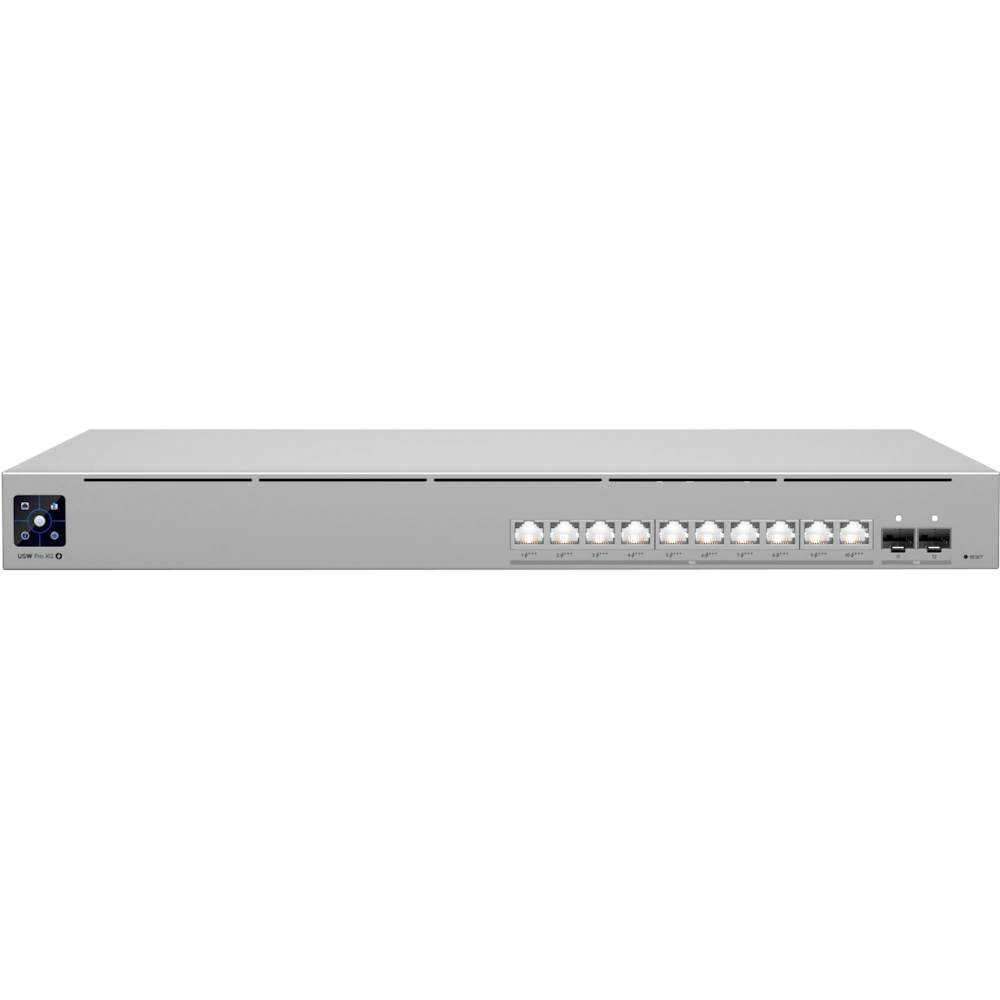 A large main feature product image of Ubiquiti UniFi Pro XG 10-Port 10GbE SFP+ Layer 3 Managed PoE+++ Switch with Etherlighting