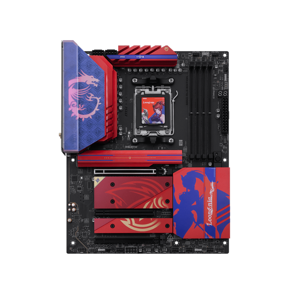 A large main feature product image of MSI B850 AM5 ATX Desktop Motherboard - MLG Edition