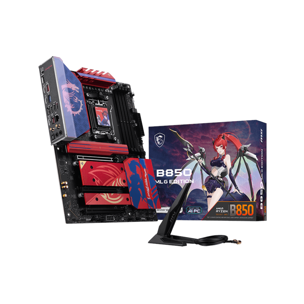 A large main feature product image of MSI B850 AM5 ATX Desktop Motherboard - MLG Edition