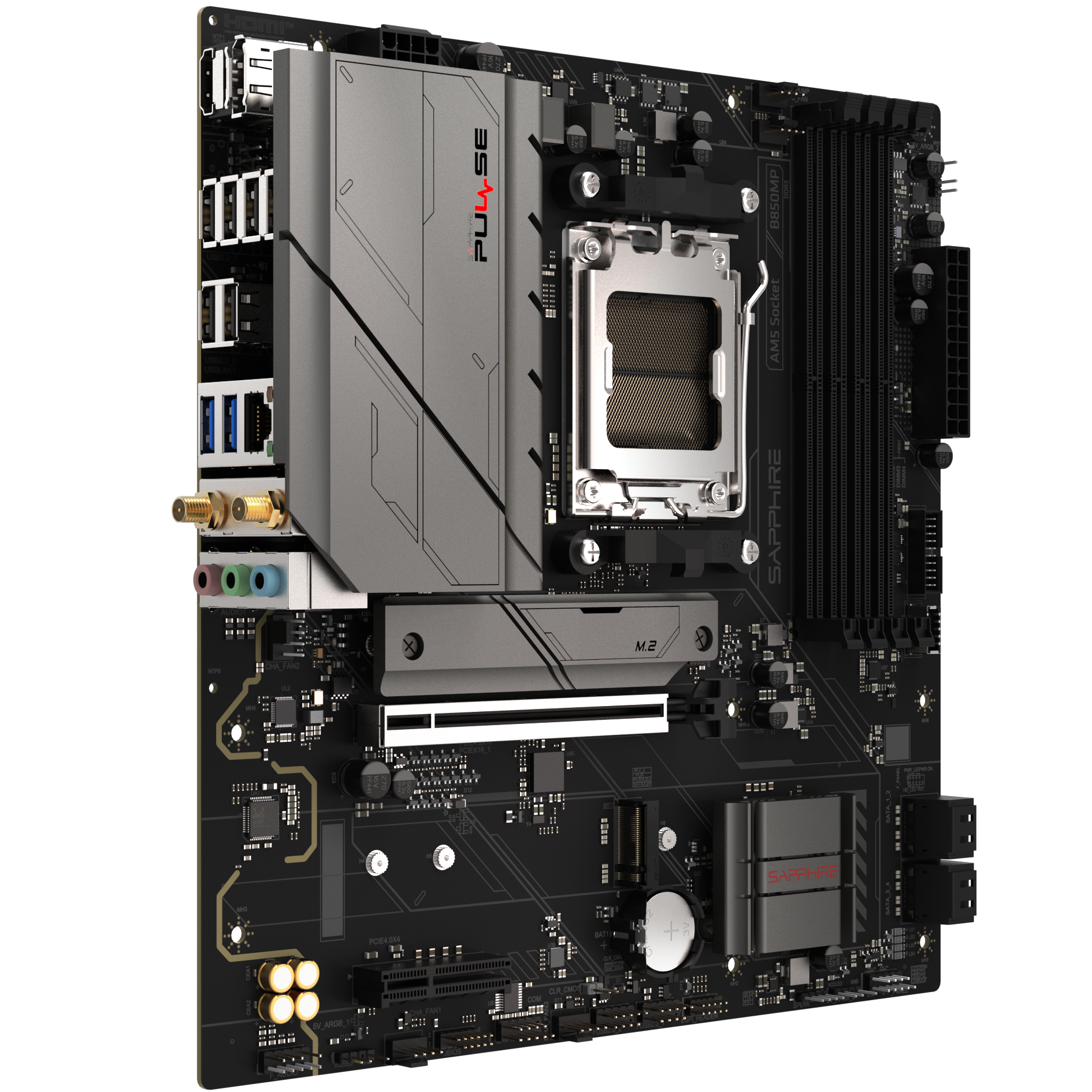 A large main feature product image of SAPPHIRE PULSE B850M WiFi AM5 mATX Desktop Motherboard