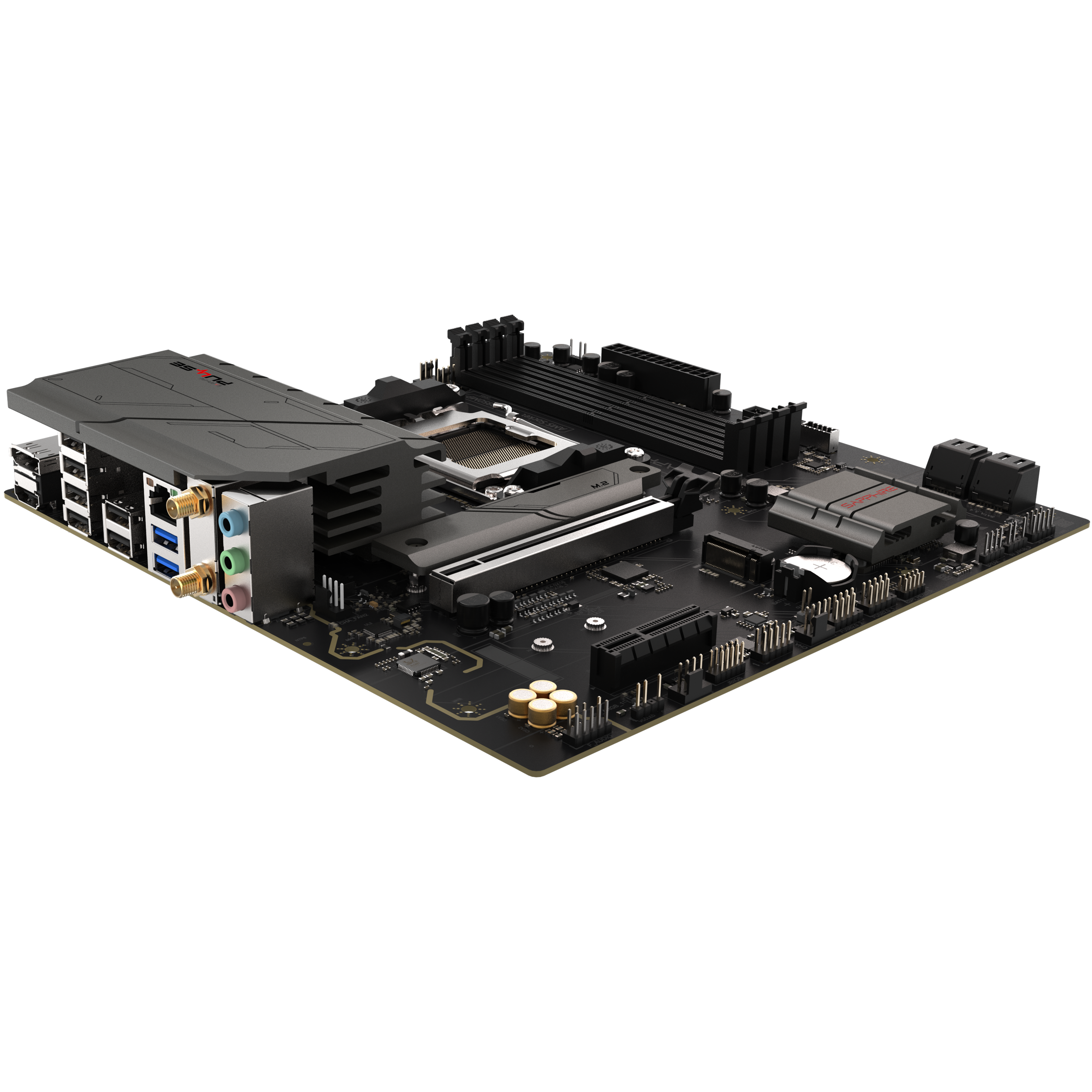 A large main feature product image of SAPPHIRE PULSE B850M WiFi AM5 mATX Desktop Motherboard