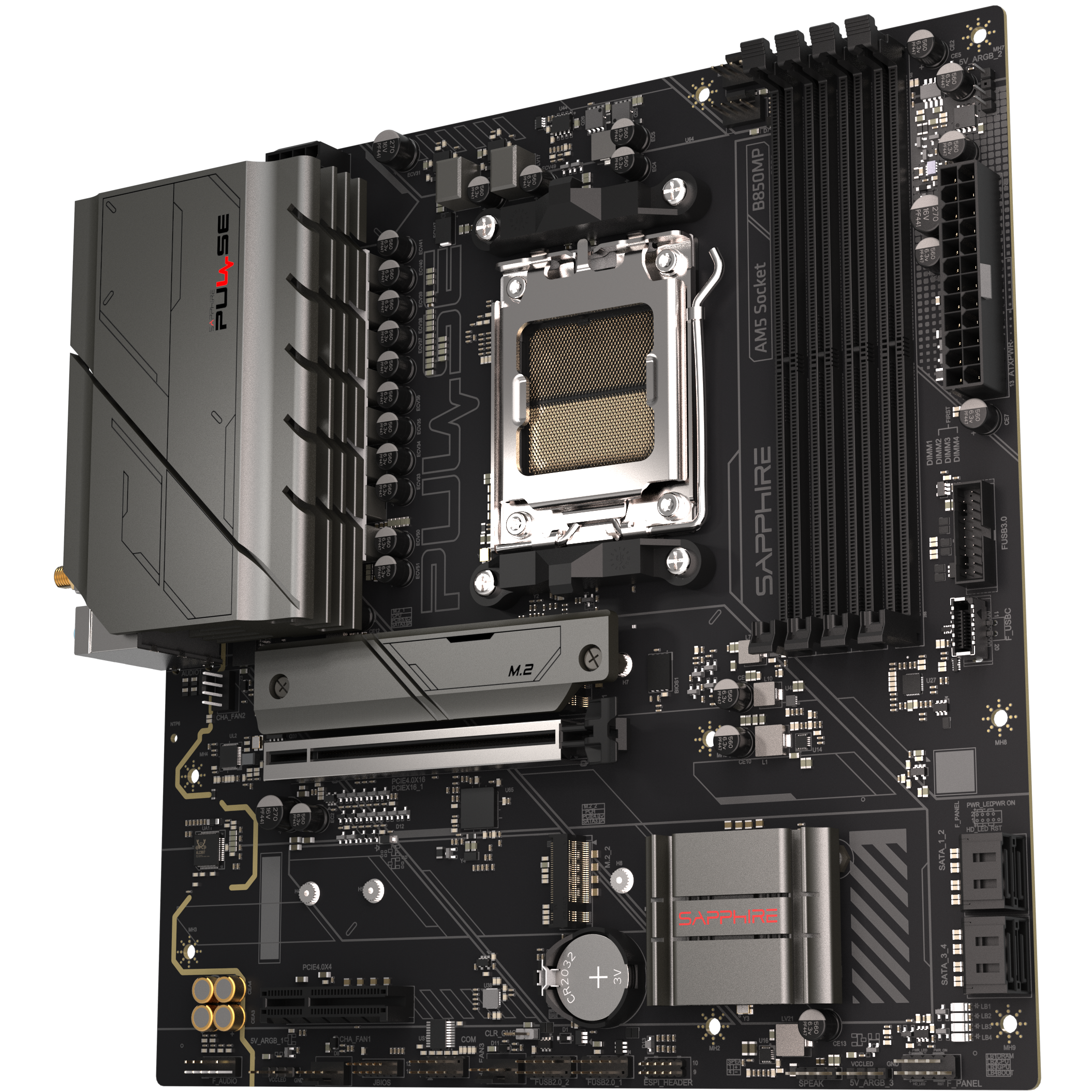 A large main feature product image of SAPPHIRE PULSE B850M WiFi AM5 mATX Desktop Motherboard
