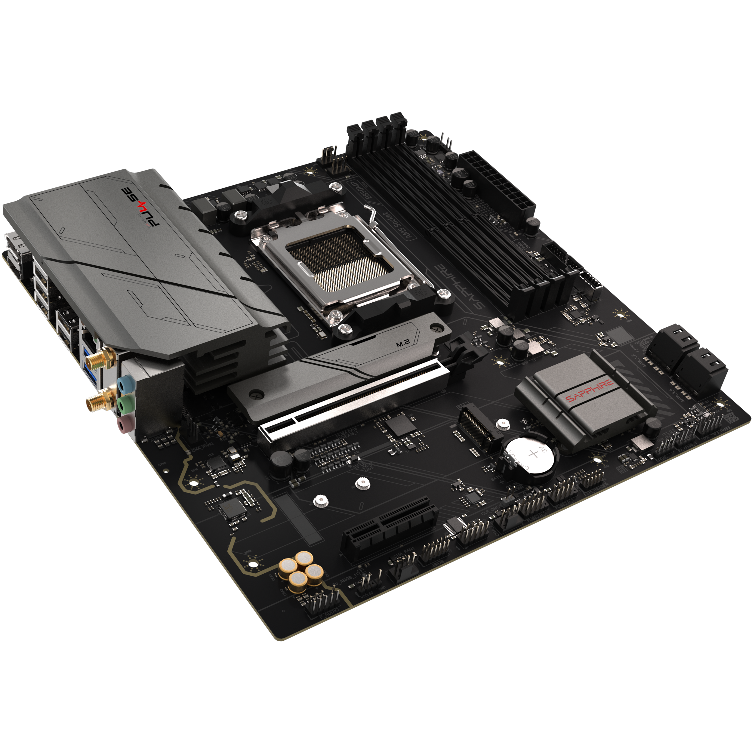 A large main feature product image of SAPPHIRE PULSE B850M WiFi AM5 mATX Desktop Motherboard